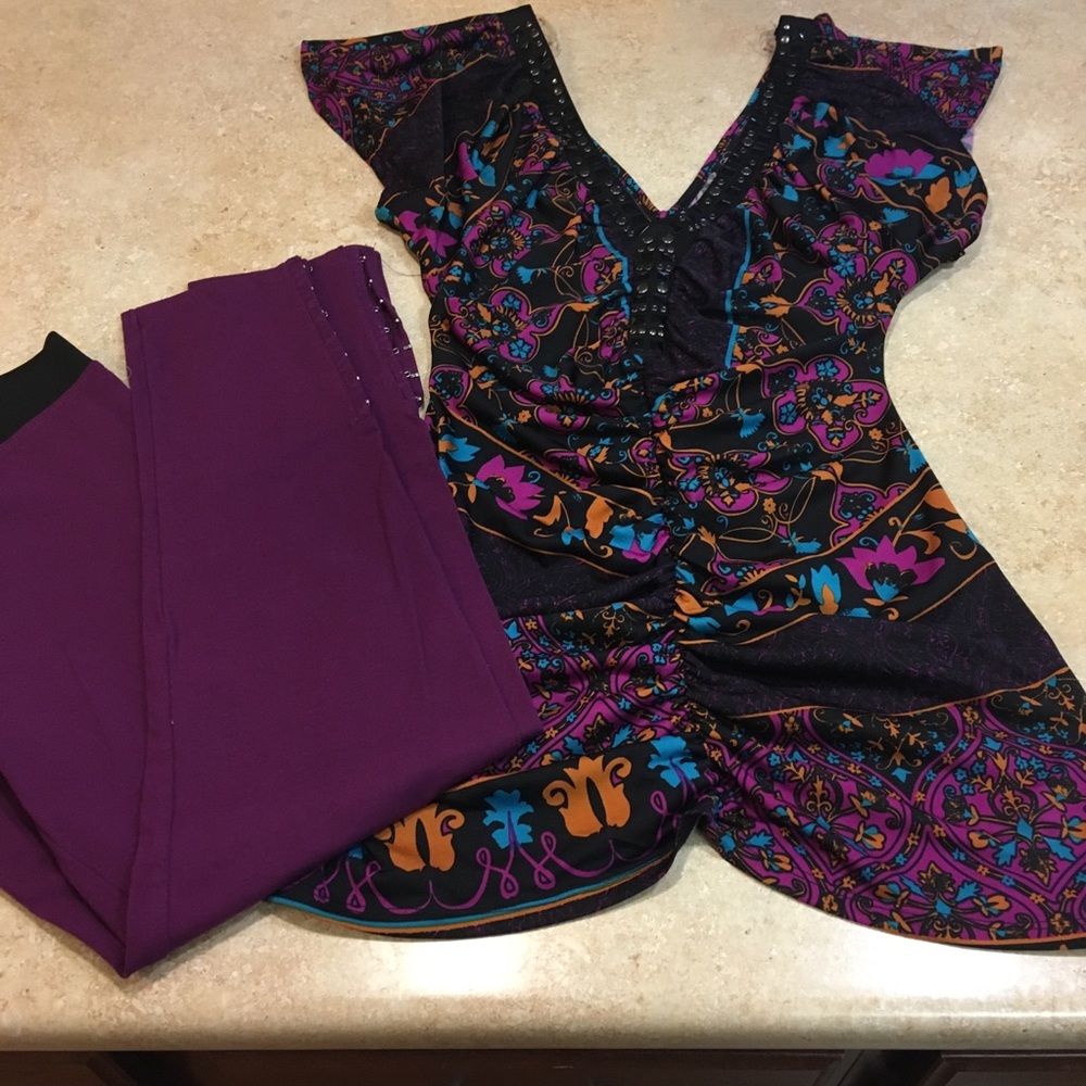 NWT! Purple black stretch top w leggings